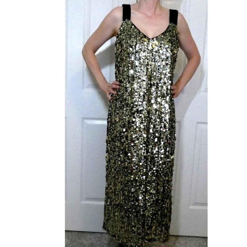 Long Gown Black Gold Sequins Uterque Designer Spain Mexico 26 Dress Womens M